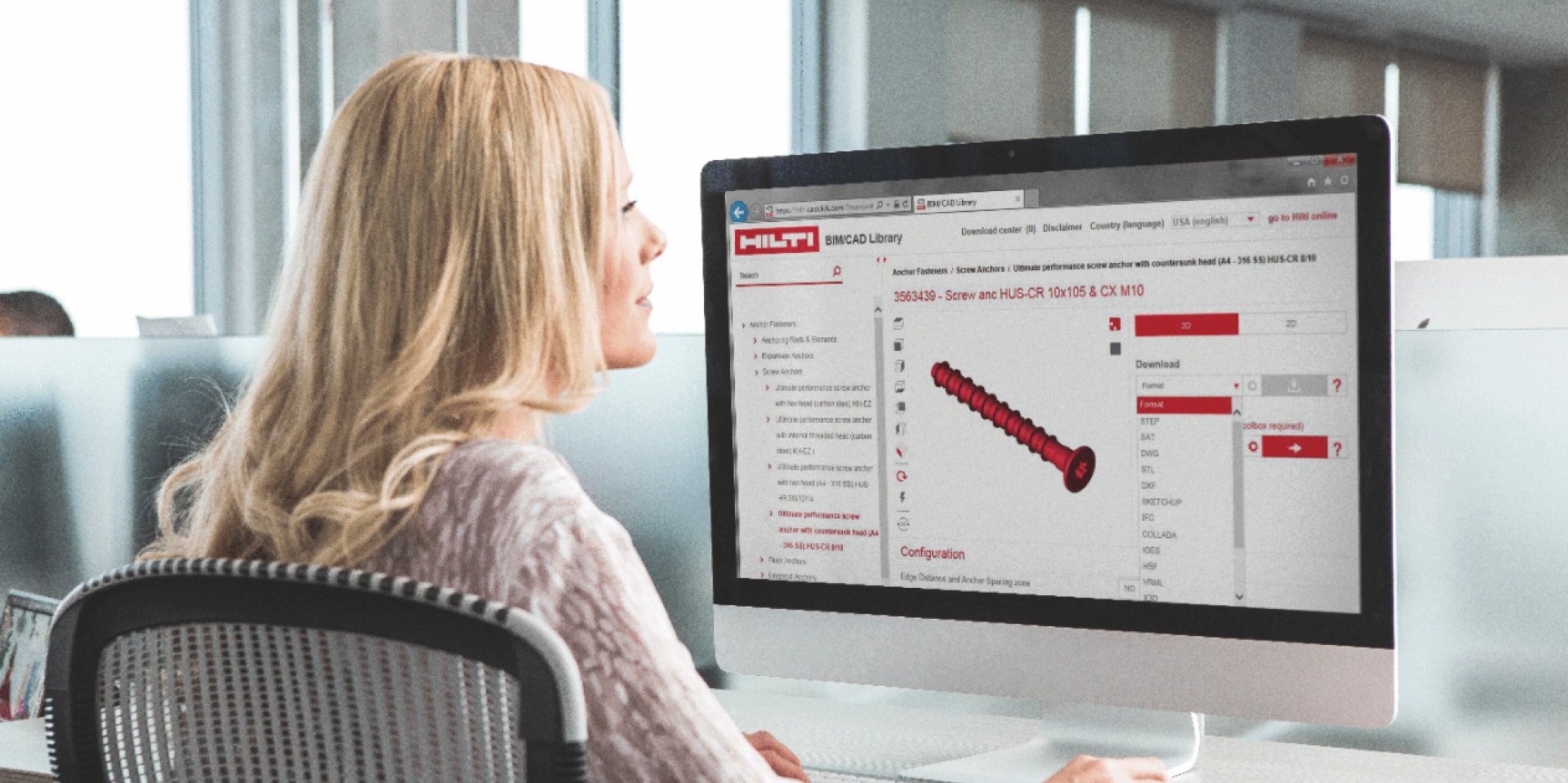 Customer accessing the Hilti BIM/CAD library on a desktop computer