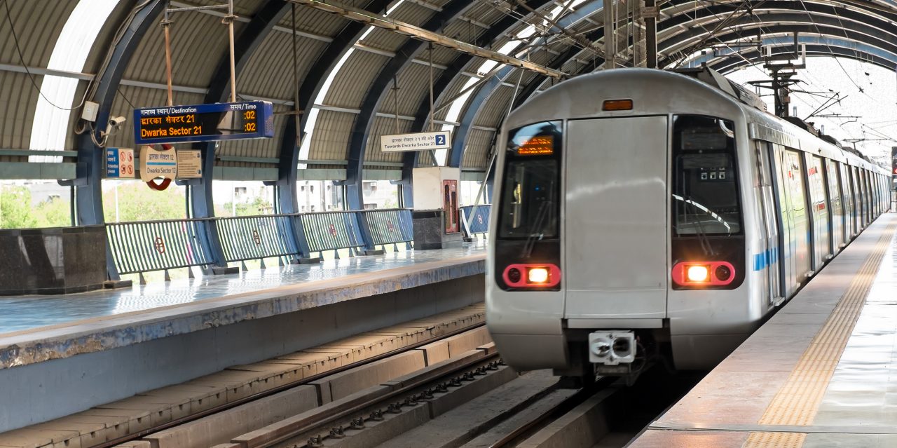 Metro arriving at Dwarka station in New Delhi India Asia