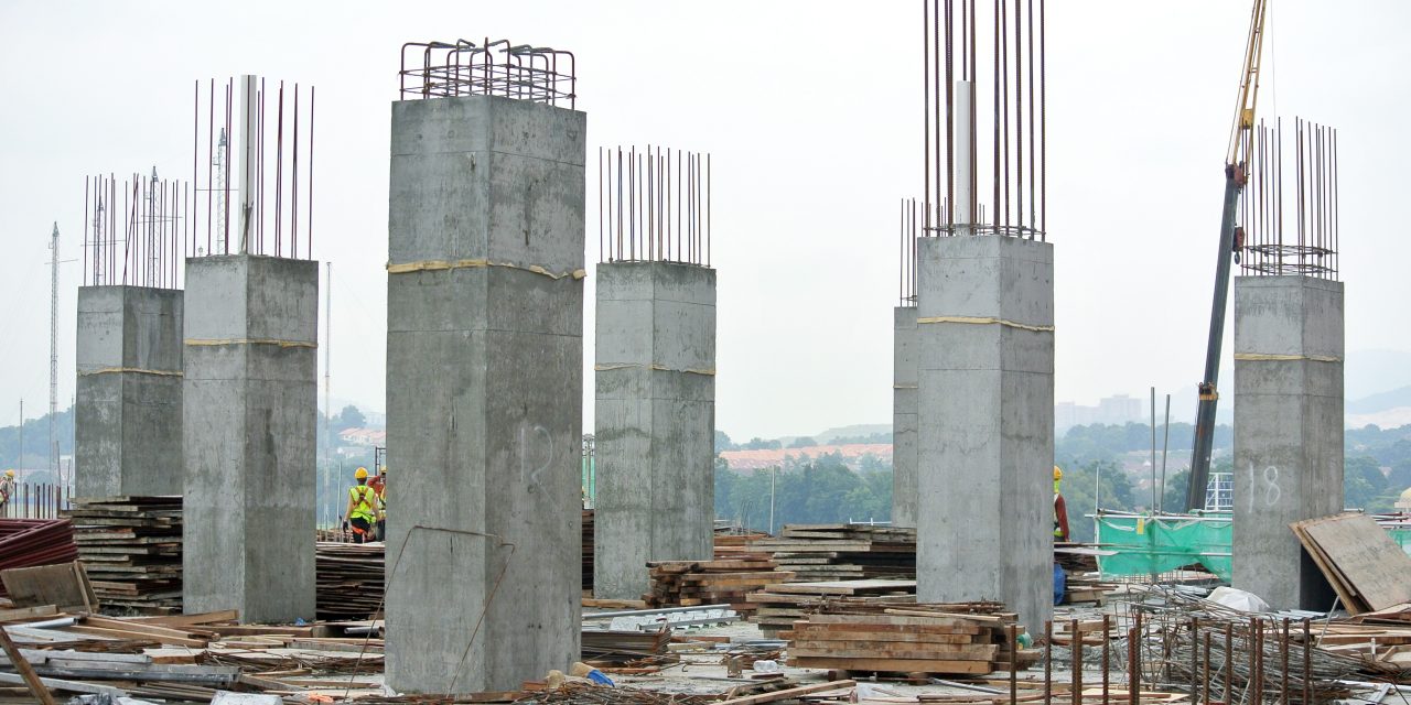 KUALA LUMPUR, MALAYSIA -DECEMBER 16, 2017: Reinforcement concrete column under construction at the construction site. Fabricated and constructed by workers.