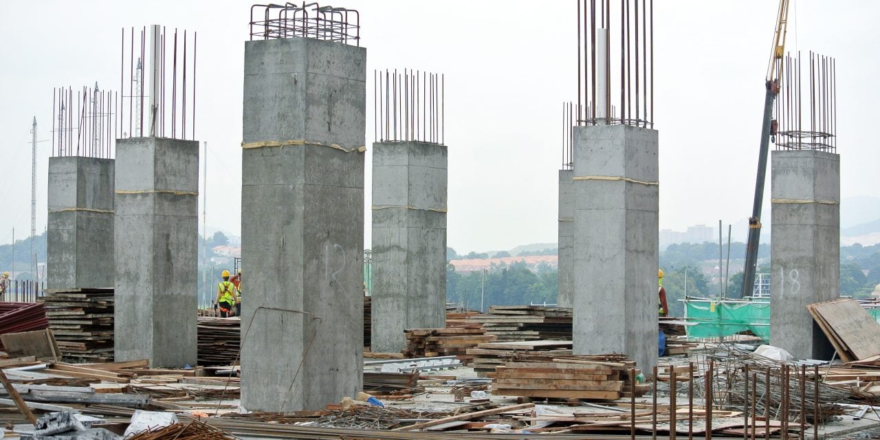 KUALA LUMPUR, MALAYSIA -DECEMBER 16, 2017: Reinforcement concrete column under construction at the construction site. Fabricated and constructed by workers. 